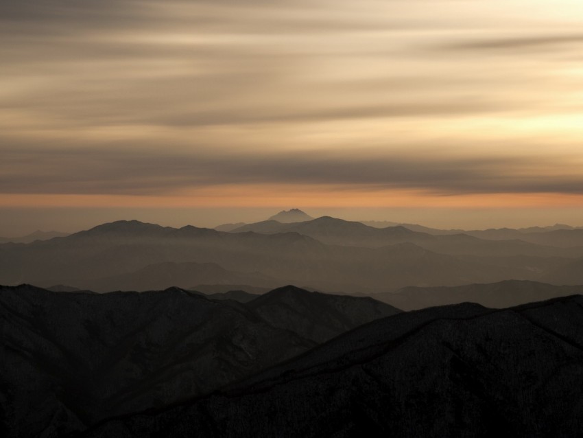 mountains, fog, sky, sunset, distance