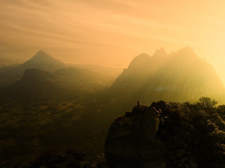 Mountains Fog Sunlight Peaks Landscape Background