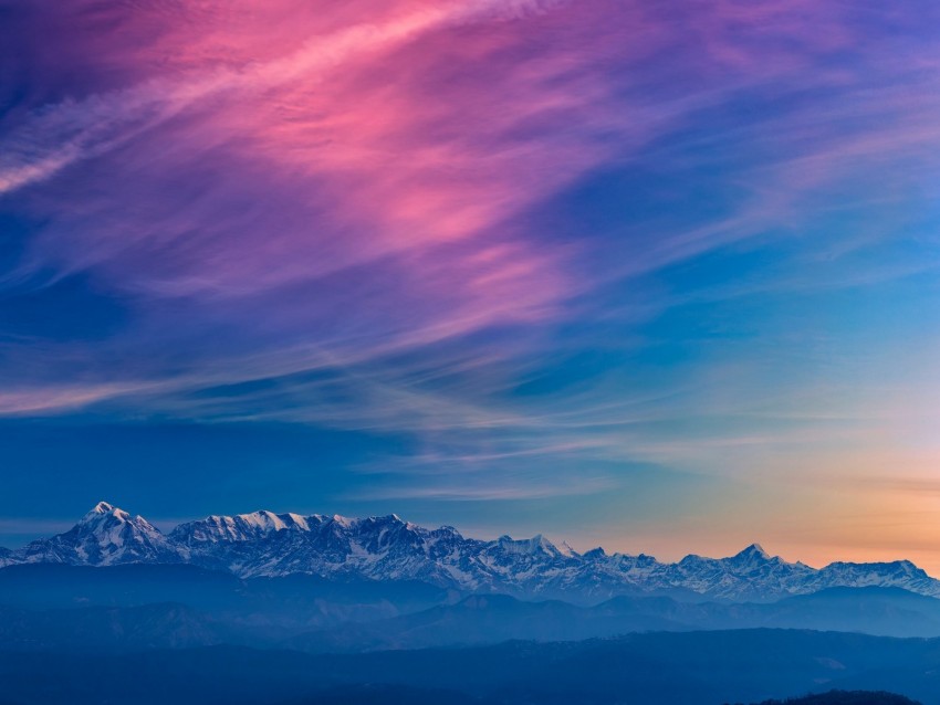 mountains, fog, sunset, clouds, landscape