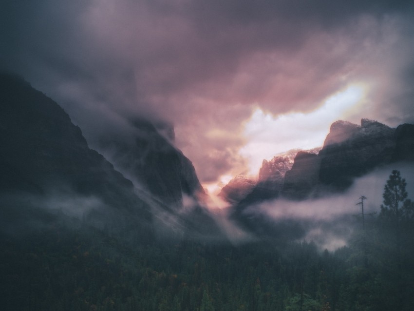 Mountains Fog Trees Sky Clouds Aerial View Background