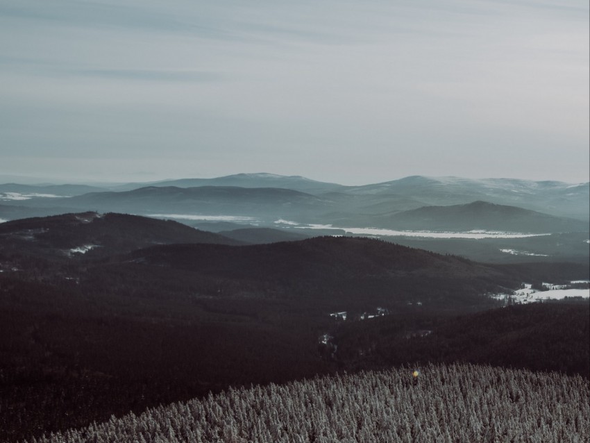 Mountains Fog Trees Sky Horizon Distance Background