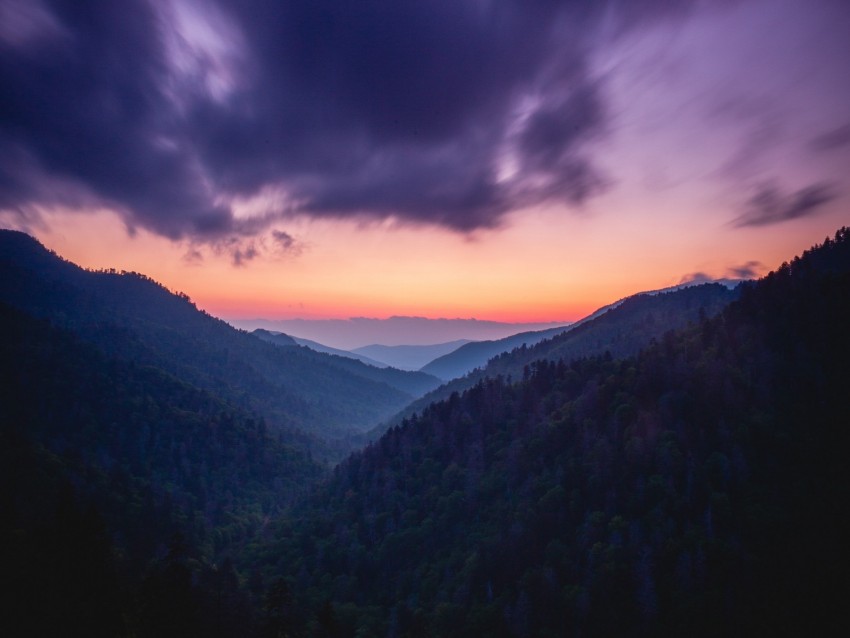 mountains, fog, twilight, clouds, landscape