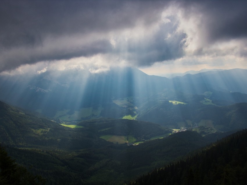 Mountains Fog Valley Alps Trees Background