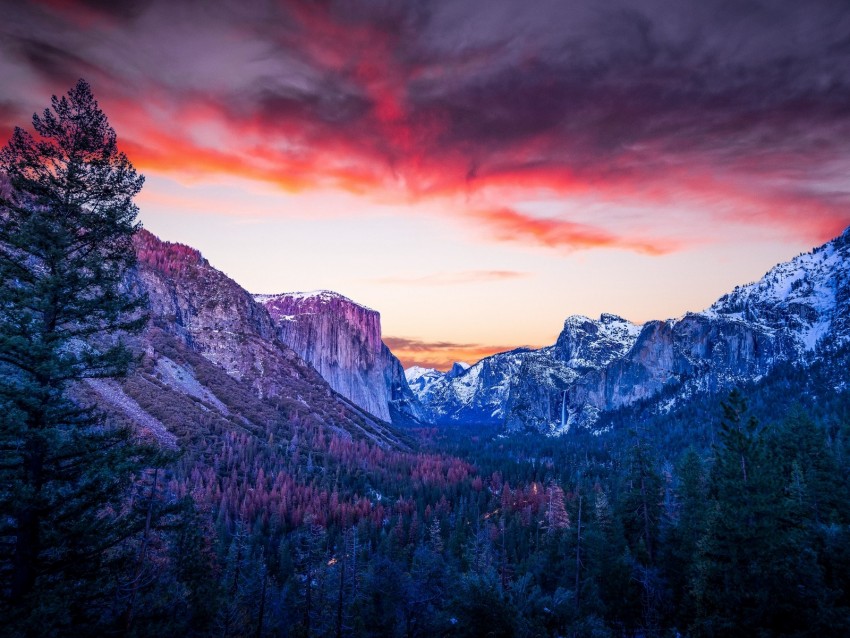 mountains, forest, twilight, canyon, clouds, sunset