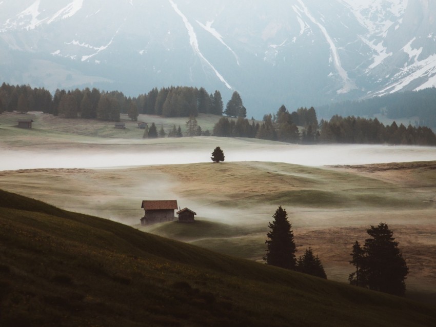 mountains, hills, fog, buildings, trees