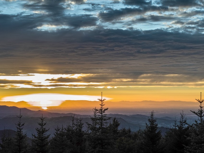 Mountains Horizon Sunset Clouds Trees Sky Background