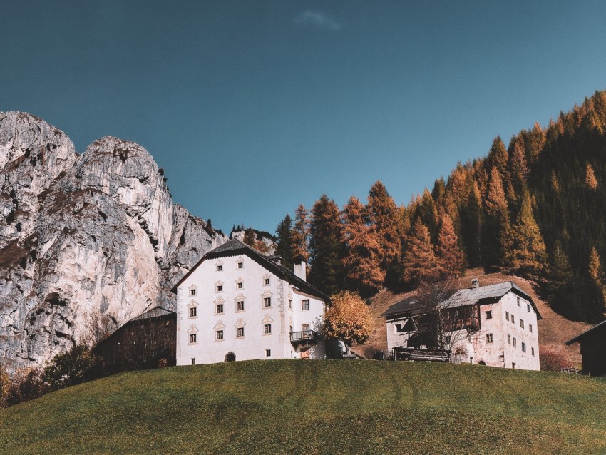 mountains, houses, autumn, trees