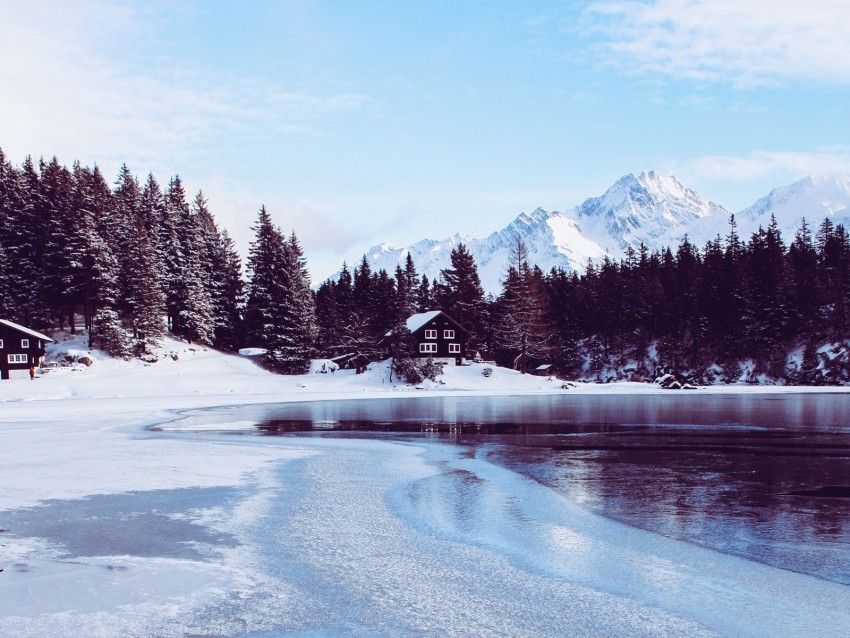 Mountains Ice Snow Winter House Trees Background