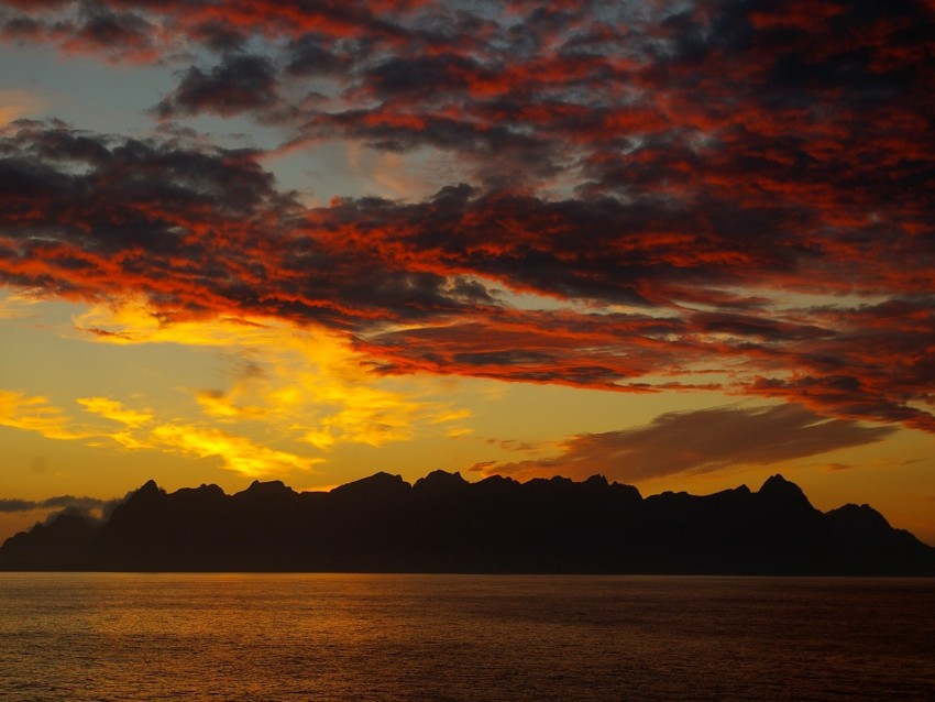 mountains, island, sunset, horizon, clouds, lofoten islands, norway