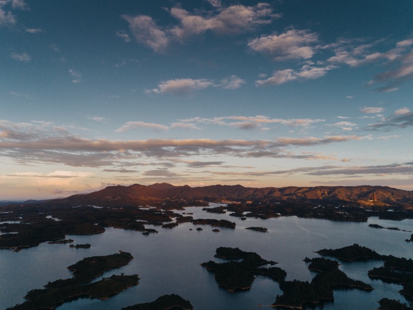 lake landscape, aerial view, sunset sky, mountainous terrain, serene waters