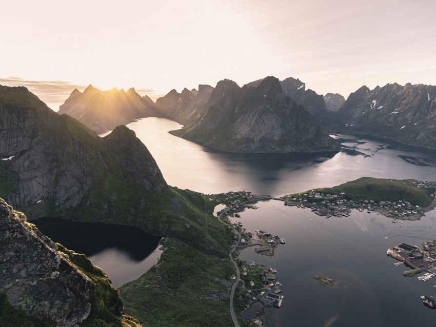 mountains, lake, aerial view