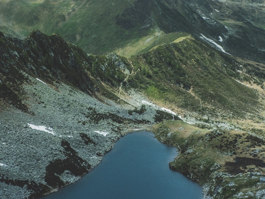 mountains, lake, aerial view, landscape, mountain range