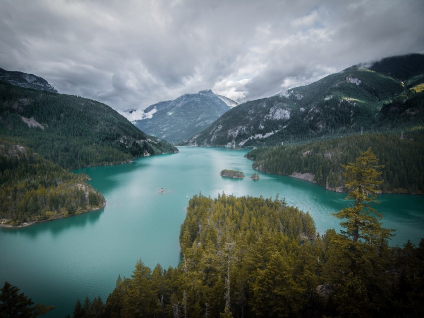 mountains, lake, aerial view, landscape, trees