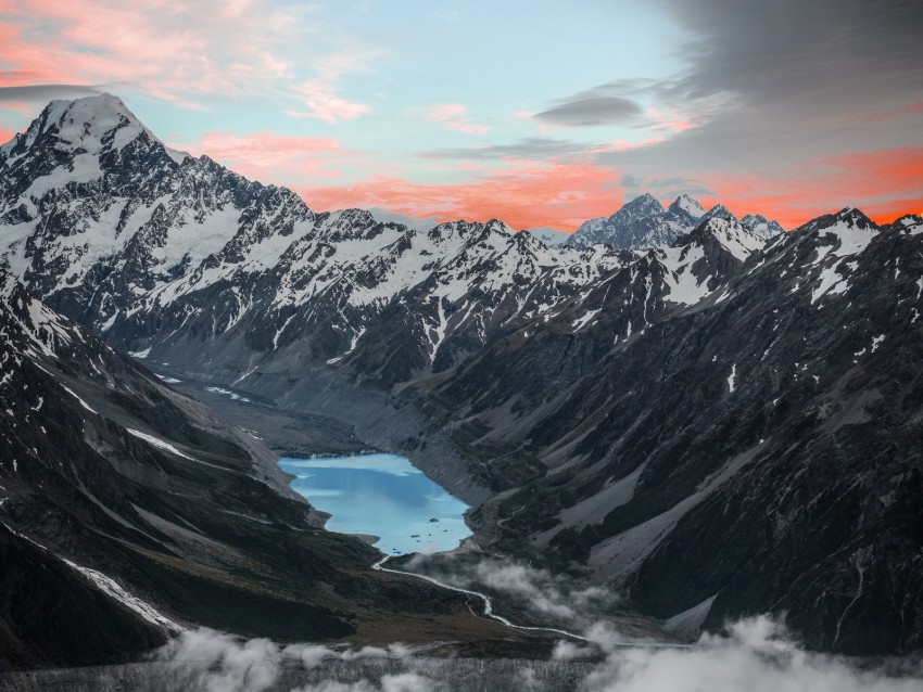 mountains, lake, aerial view, snowy, clouds, landscape