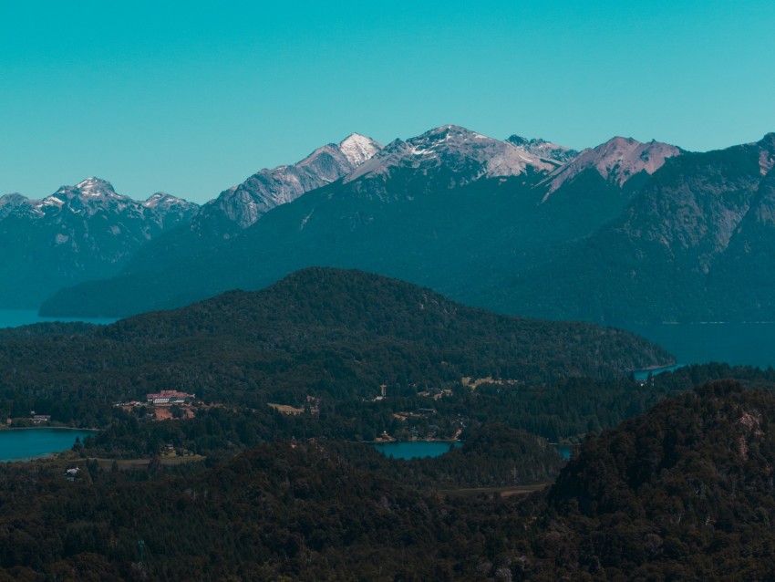 mountains, lake, aerial view, trees, forest