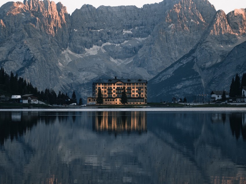 Mountains Lake Building Architecture Reflection Background