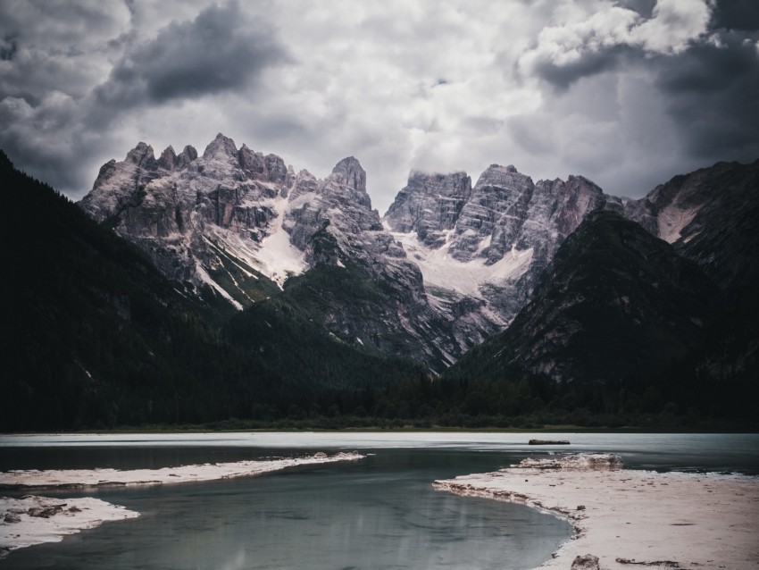 Mountains Lake Clouds Shore Background