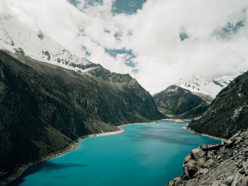 Mountains Lake Clouds Stones Landscape Background