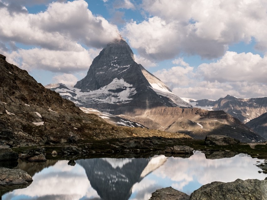 mountains, lake, clouds, stones, nature