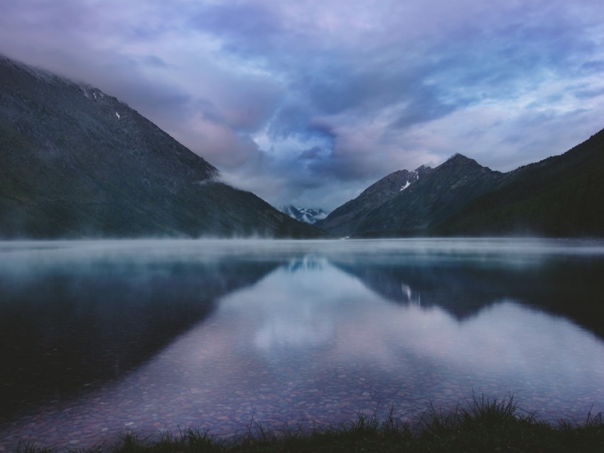 mountains, lake, fog, clouds, altai, russia