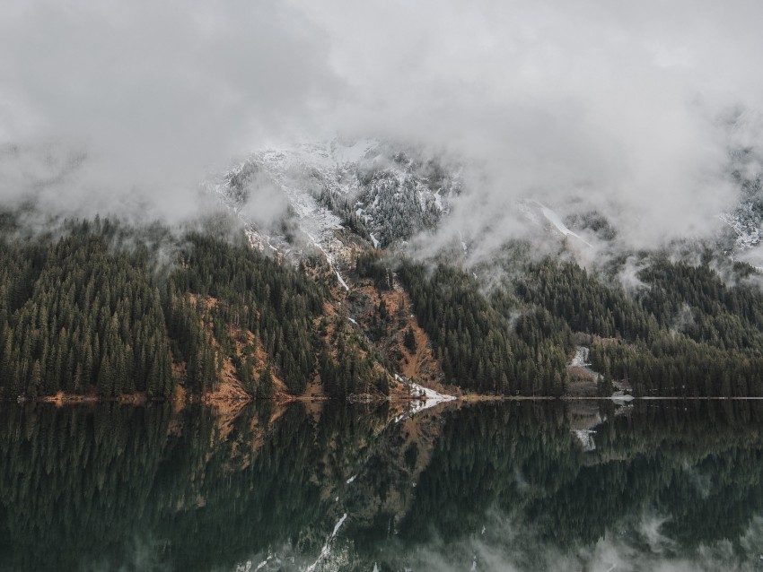 mountains, lake, fog, clouds, forest, landscape