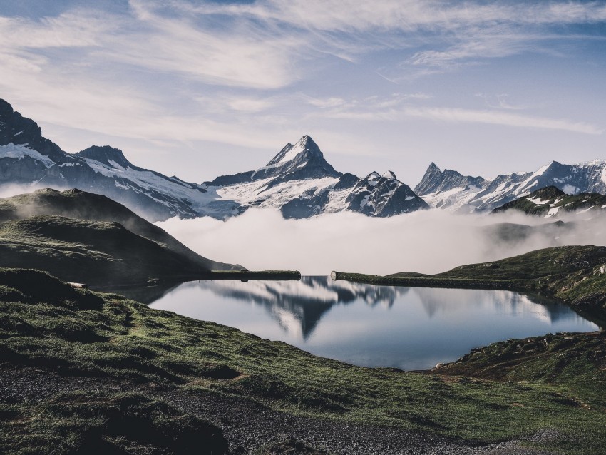 Mountains Lake Fog Landscape Nature Background