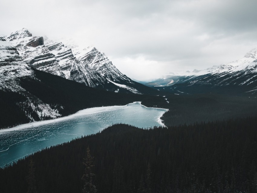 mountains, lake, frozen, forest, landscape