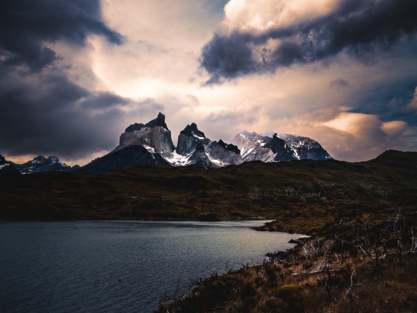 mountains, lake, grass, clouds, overcast, twilight