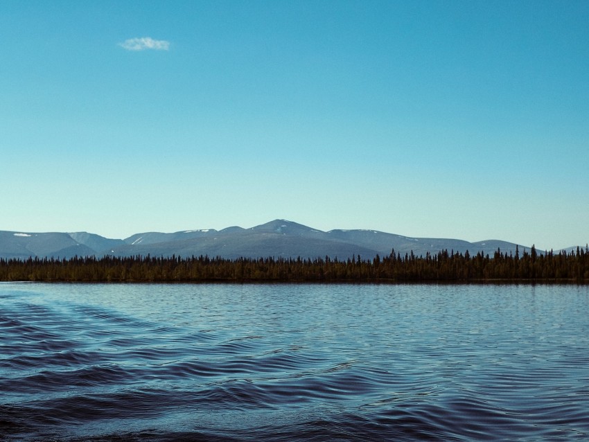 mountains, lake, horizon, trees, ripples