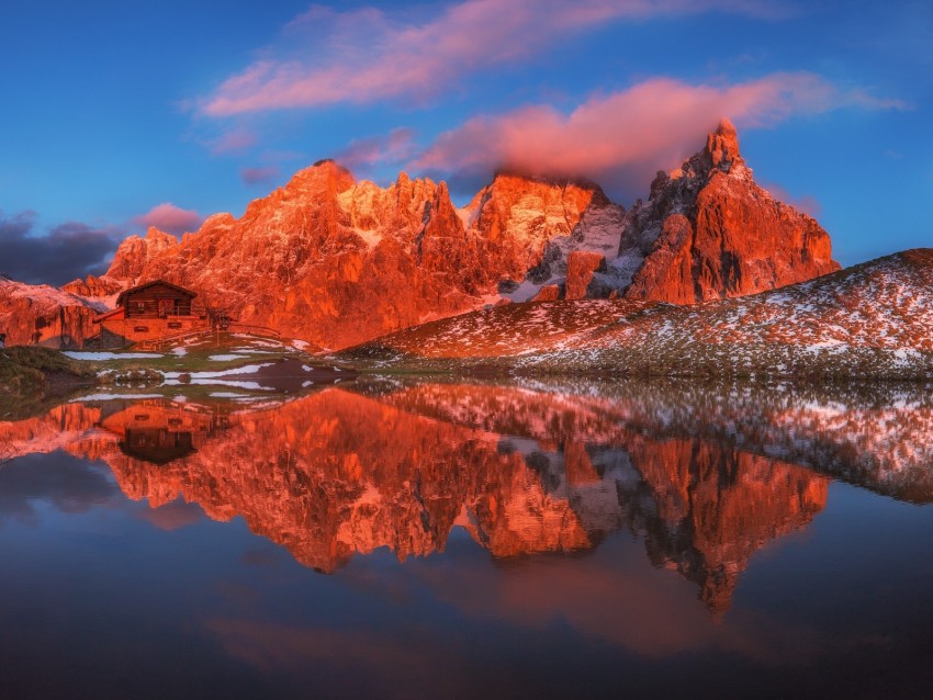 mountains, lake, house, reflection, landscape