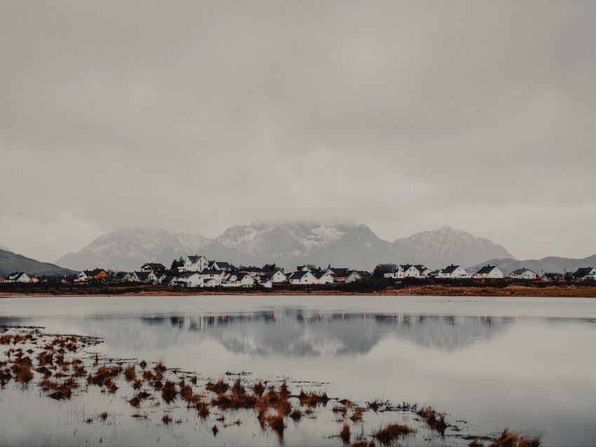 mountains, lake, houses, fog, coast, land, upland