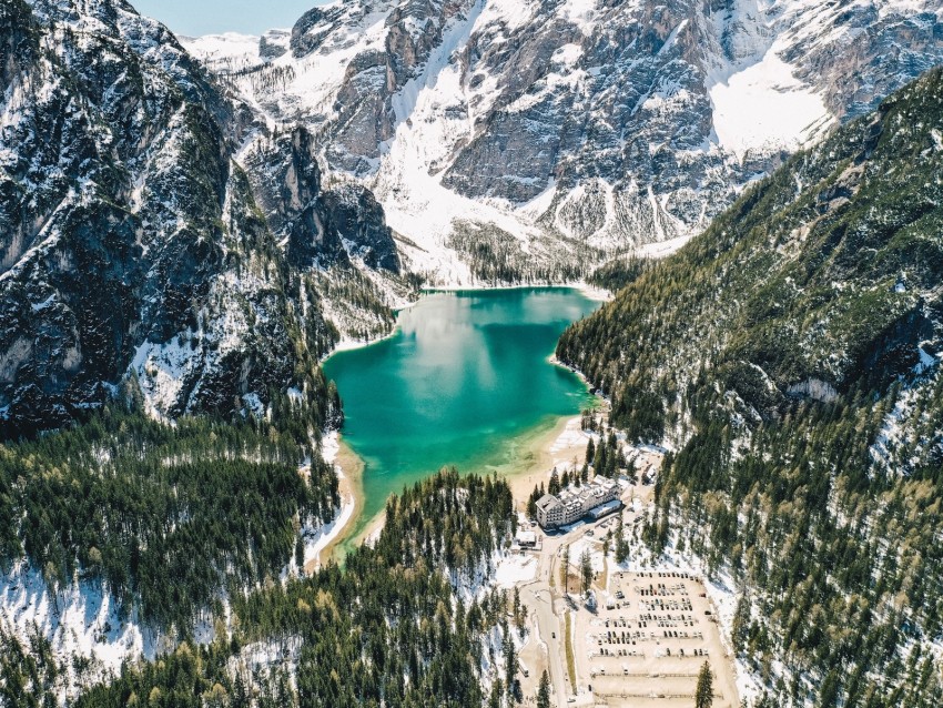 Mountains Lake Landscape Forest Slopes Snowy Background