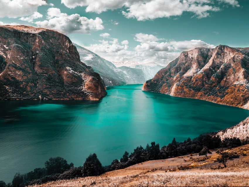 mountains, lake, sky, clouds, mountain landscape, grass