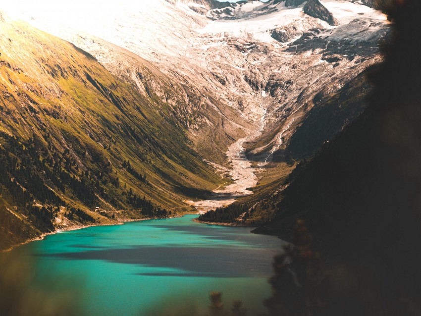 mountains, lake, slopes, peak, snow