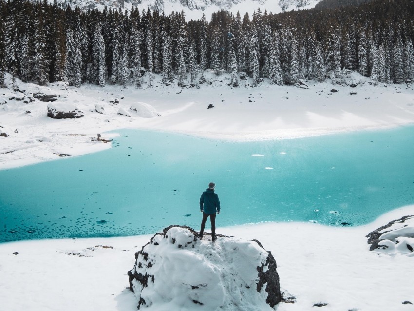 mountains, lake, snow, loneliness, solitude, man, winter