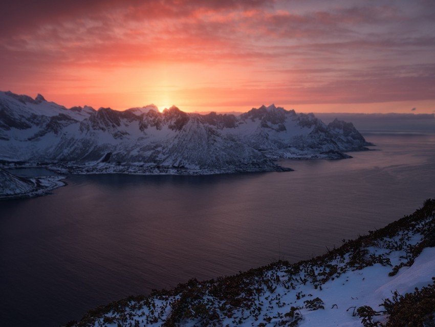 Mountains Lake Snow Winter Sunset Background