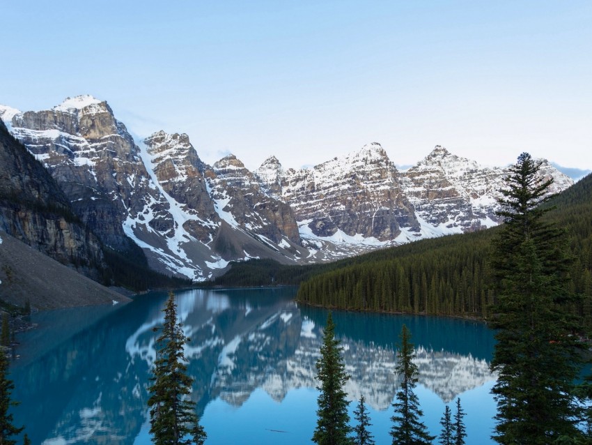 mountains, lake, snow, winter, trees