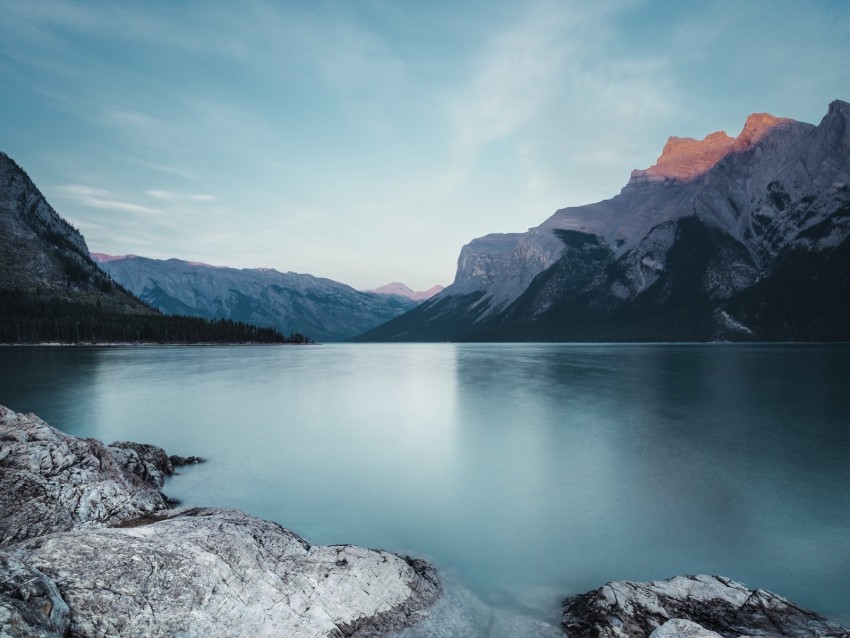 mountains, lake, stones, sky, landscape, wildlife