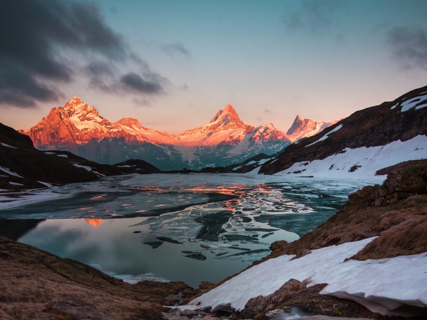 Mountains Lake Sunset Evening Ice Landscape Switzerland Background