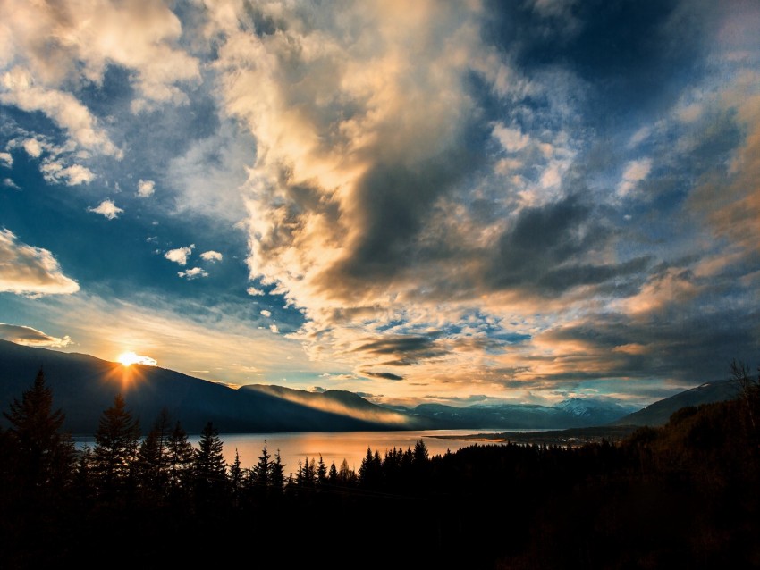 mountains, lake, sunset, horizon, clouds, trees, landscape