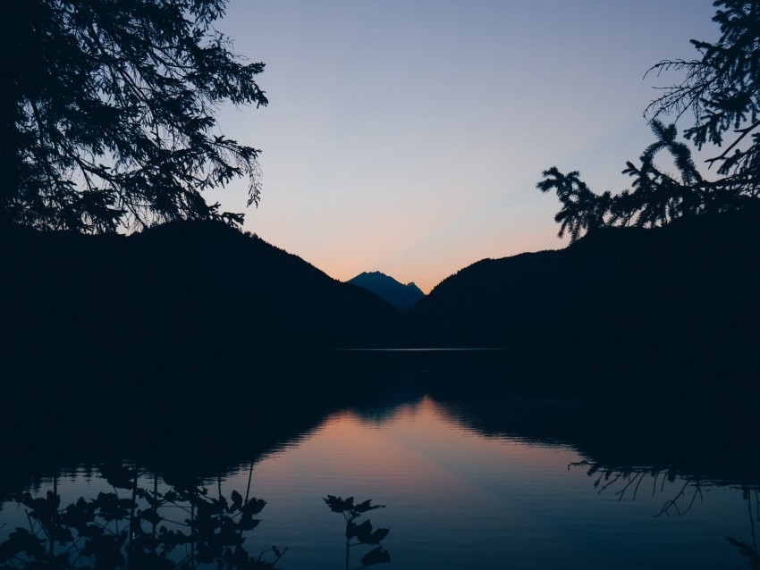 Mountains Lake Twilight Reflection Horizon Branches Background