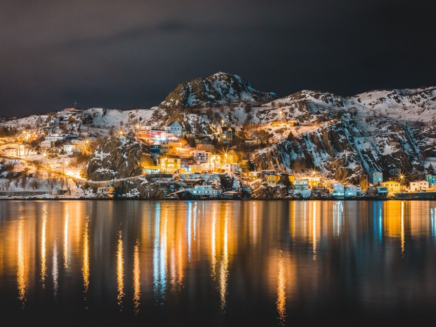 Mountains Lake Village Night Light Snow Background