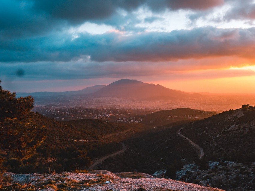 mountains, landscape, sunset, view, overview, hilly