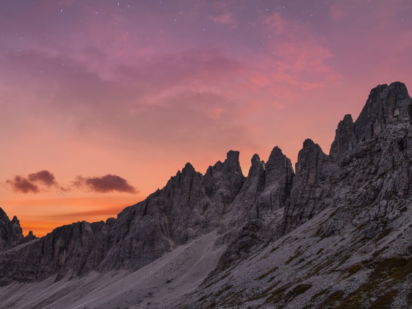 mountains, mountain range, landscape, twilight, sky, clouds, stars