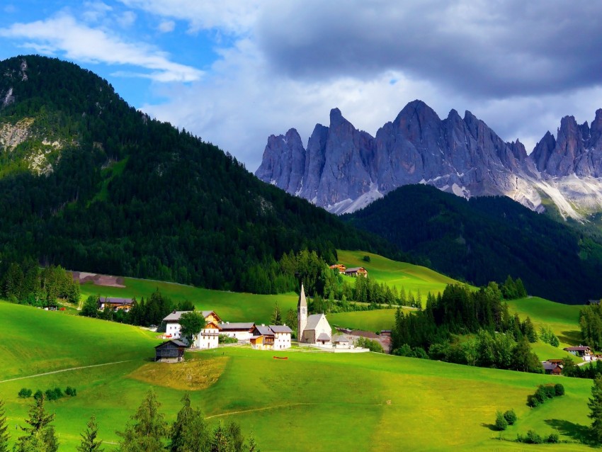 Mountains Mountain Range Village Clouds Grass Trees Background