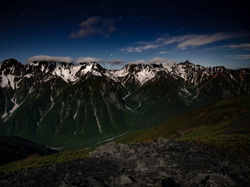 mountains, night, landscape, peaks, starry sky