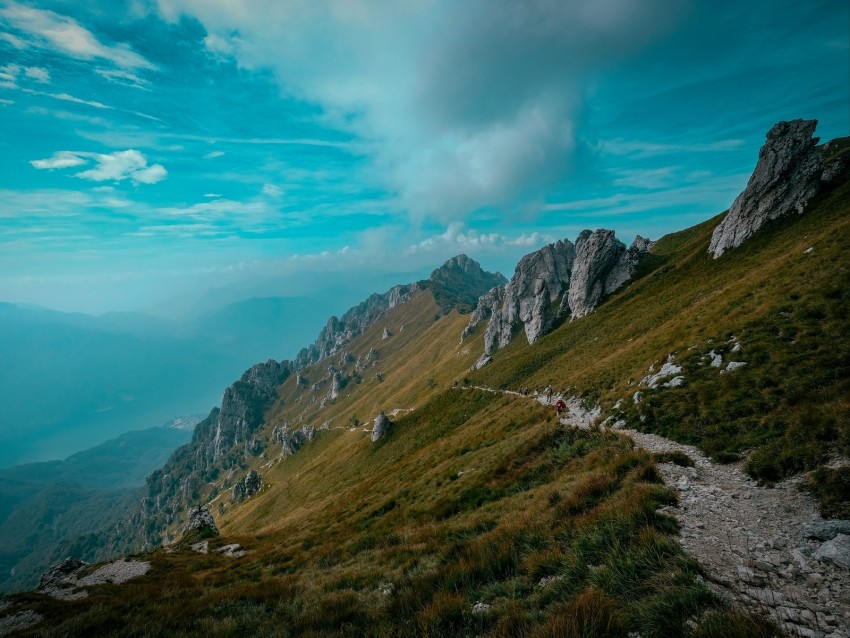 mountains, path, rocks, stones, top, sky, grass