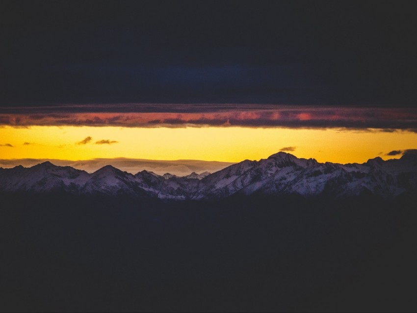 mountains, peak, clouds, night, sky, dark, snowy