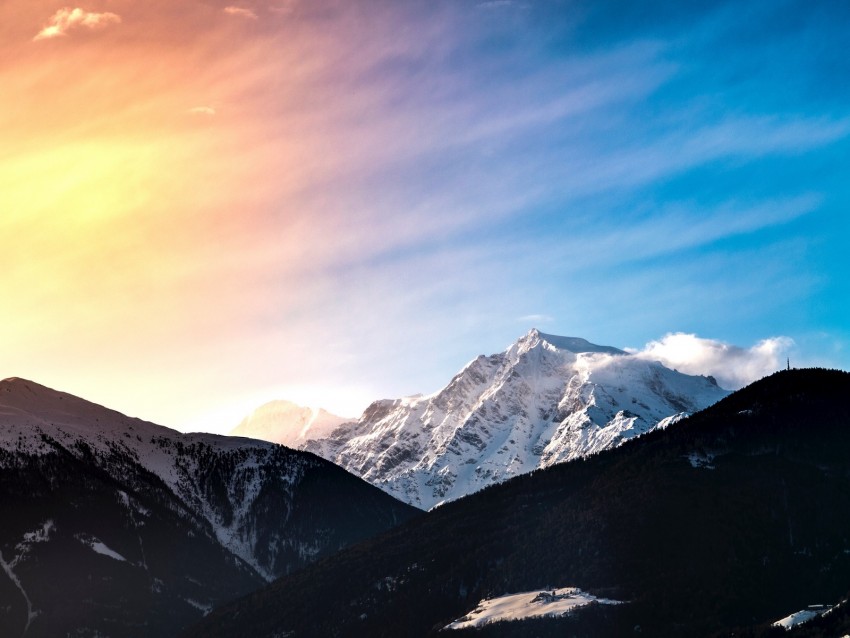 mountains, peak, landscape, forest, snow