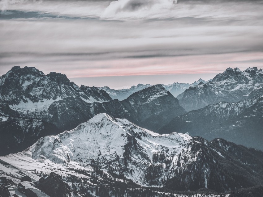 mountains, peak, snow, snowy, winter, sunset, sky